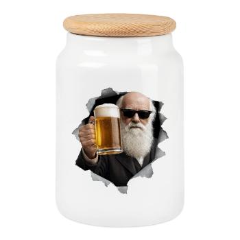 Charles Darwin holds a beer - Cookie Jar with Wooden Lid - white - Front