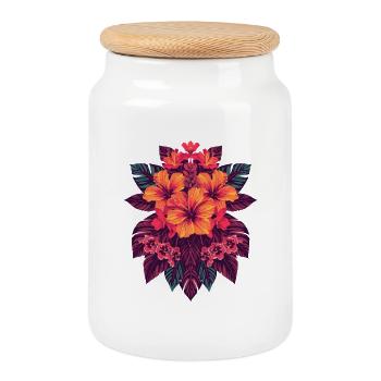 Tropische Hibiskus-Blumenpracht - Keksdose mit Holzdeckel - Weiß - Vorne