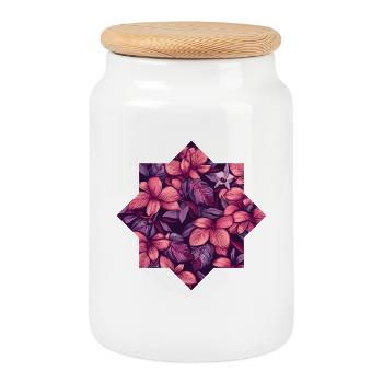 Pink tropical floral pattern - Cookie Jar with Wooden Lid - white - Front