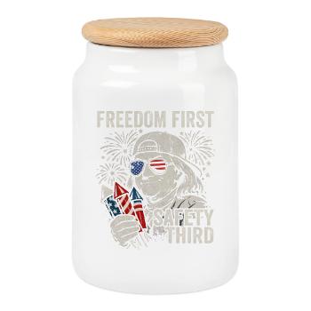 Freedom first, safety in third place, Fra - Cookie Jar with Wooden Lid - white - Front