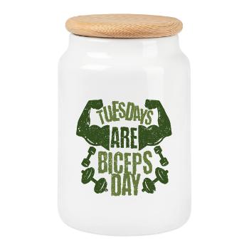 Gymnase de bodybuilders pour entraînement des biceps biceps - Boîte à biscuits avec couvercle en bois - blanc - Devant