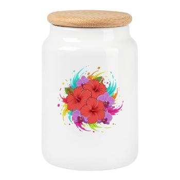 Hibiskus Farbenexplosion - Keksdose mit Holzdeckel - Weiß - Vorne