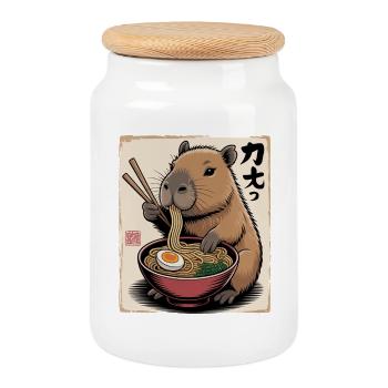Capybara Ramen Feast - Cookie Jar with Wooden Lid - white - Front
