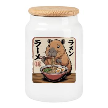 Capybara Ramen Noodle Art - Cookie Jar with Wooden Lid - white - Front