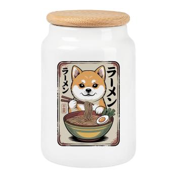 Shiba Inu Ramen Bowl - Cookie Jar with Wooden Lid - white - Front