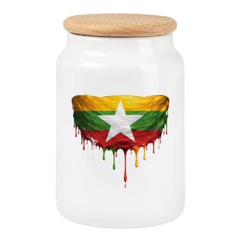 Myanmar Flag Drop Art - Cookie Jar with Wooden Lid - white - Front