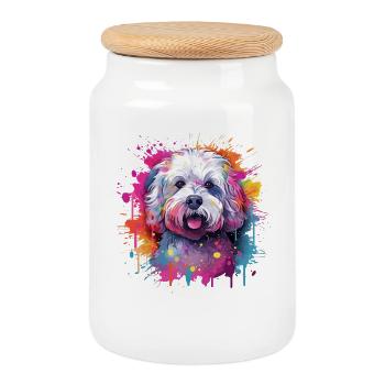 Chien coloré d’art éclaboussé Bichon Fris - Boîte à biscuits avec couvercle en bois - blanc - Devant