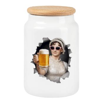 Jane Austen with beer and sunglasses - Cookie Jar with Wooden Lid - white - Front
