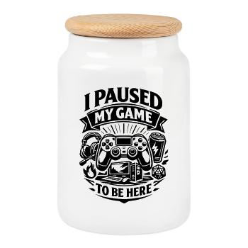 I Paused My Game to be here - Gamer Spruch - Keksdose mit Holzdeckel - Weiß - Vorne