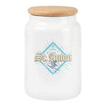 Souvenir rétro de skieur Après-Ski de Saint-Anton Tirol - Boîte à biscuits avec couvercle en bois - blanc - Devant