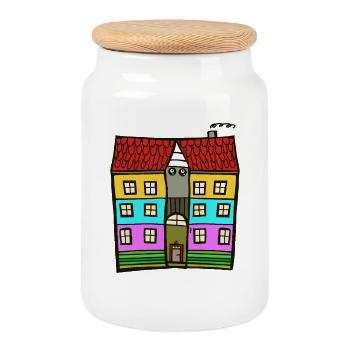 Colorful multi-house illustration - Cookie Jar with Wooden Lid - white - Front