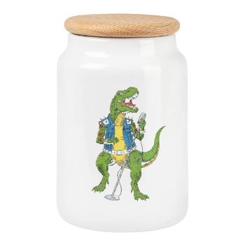 Dino Rock star with microphone - Cookie Jar with Wooden Lid - white - Front