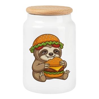 Dessin animé Paresseux avec Burger - Boîte à biscuits avec couvercle en bois - blanc - Devant