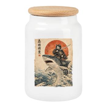 Samurai Cat Riding Shark Japanese Ukiyoe - Cookie Jar with Wooden Lid - white - Front