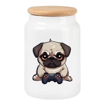 Petit chien en chien gamer mignon - Boîte à biscuits avec couvercle en bois - blanc - Devant