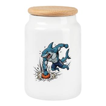 Soccer Shark Cartoon Sporting Attack - Cookie Jar with Wooden Lid - white - Front