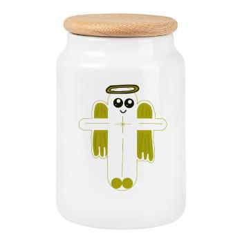 Cross Crucifix Angel Protector - Cookie Jar with Wooden Lid - white - Front