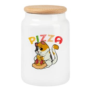 Pizza Cat : Chaton mignon avec du salami de pizza - Boîte à biscuits avec couvercle en bois - blanc - Devant