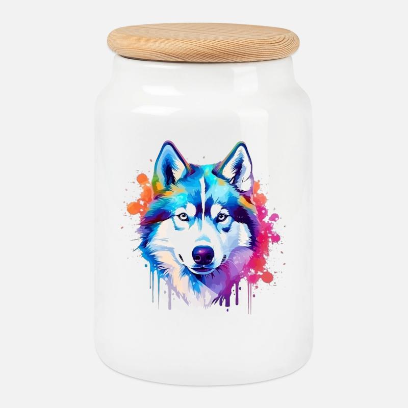 Art coloré de chien Husky éclaboussant - Boîte à biscuits avec couvercle en bois - blanc