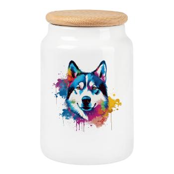Colorful Husky Splash Art Dog - Cookie Jar with Wooden Lid - white - Front
