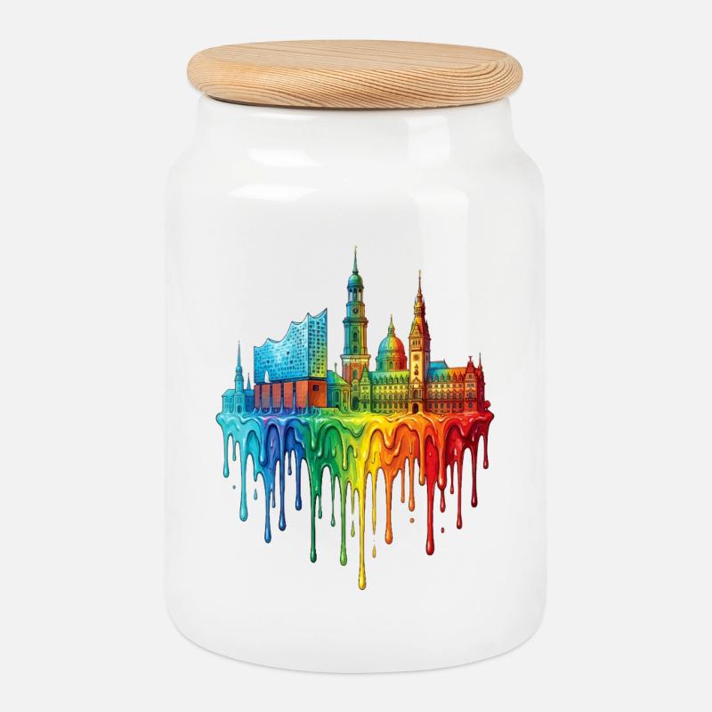 Hamburg mit farbenfroh verlaufender Farbe - Keksdose mit Holzdeckel - Weiß