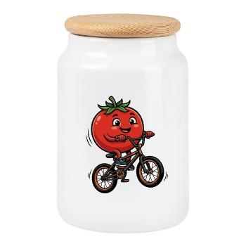 Tomate drôle à vélo pour enfants - Boîte à biscuits avec couvercle en bois - blanc - Devant