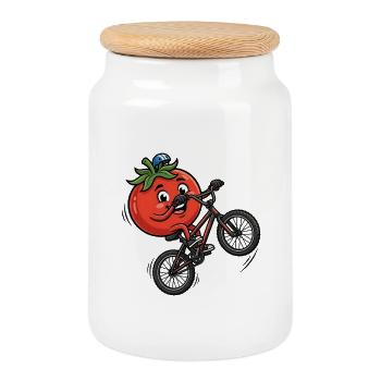 Dessin animé drôle de cyclisme à vélo à la tomate - Boîte à biscuits avec couvercle en bois - blanc - Devant