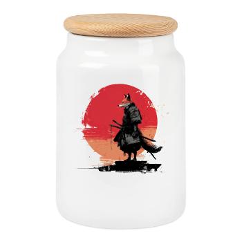 Fox Samurai at Sunset - Cookie Jar with Wooden Lid - white - Front