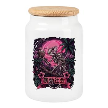 Skeleton in Neon Jungle With Chameleon - Cookie Jar with Wooden Lid - white - Front