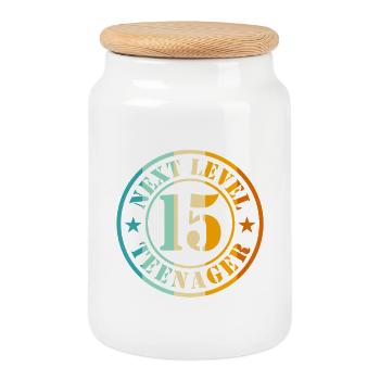 15th Birthday Boy Girl Teenager Level 15 - Cookie Jar with Wooden Lid - white - Front
