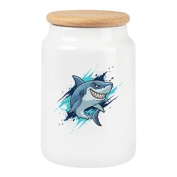 Style Splash de Requin de dessin animé - Boîte à biscuits avec couvercle en bois - blanc - Devant