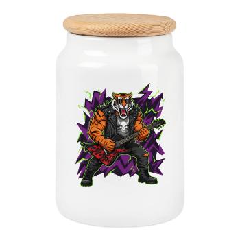 Heavy Metal Rocker Tier Gitarre Tiger Rock Musik - Keksdose mit Holzdeckel - Weiß - Vorne