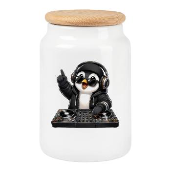 Cool Penguin DJ Music Techno Club Party - Cookie Jar with Wooden Lid - white - Front
