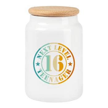 16th Birthday Boy Girl Teenager Level 16 - Cookie Jar with Wooden Lid - white - Front