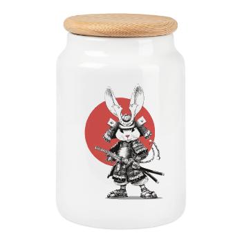 Samurai Rabbit in Armor with Katana - Cookie Jar with Wooden Lid - white - Front