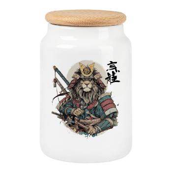 Lion Samurai Armor Warrior - Cookie Jar with Wooden Lid - white - Front