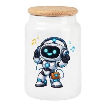 DJ robot spatial avec casque - Boîte à biscuits avec couvercle en bois - blanc - Devant