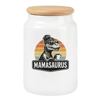 Mamasaurus Maman Maman Idée de cadeau Humour Drôle - Boîte à biscuits avec couvercle en bois - blanc - Devant
