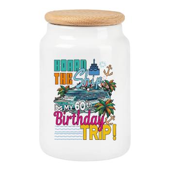 Board The Ship 60th Birthday Family Cruising - Cookie Jar with Wooden Lid - white - Front