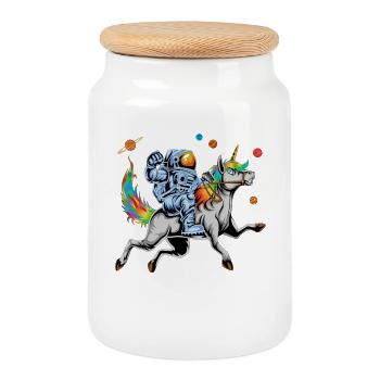 Astronaut Riding Rainbow Unicorn in Outer Space - Cookie Jar with Wooden Lid - white - Front