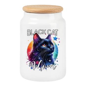 Schwarze Katze Mama - Keksdose mit Holzdeckel - Weiß - Vorne