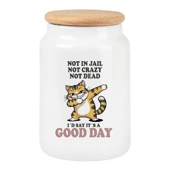Pas mort, pas fou, bonne journée, chat. - Boîte à biscuits avec couvercle en bois - blanc - Devant