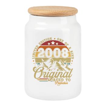 Original 2008 vintage birthday gift - Cookie Jar with Wooden Lid - white - Front