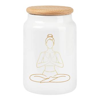 Conception de méditation en ligne Yoga Féminine en Or - Boîte à biscuits avec couvercle en bois - blanc - Devant