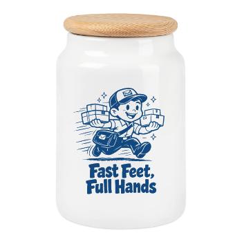 Fast Feet, Full Hands | Delivery man humor - Cookie Jar with Wooden Lid - white - Front