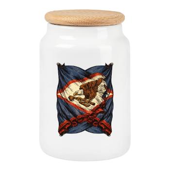 Vintage Eagle Flag Emblem with Rifle - Cookie Jar with Wooden Lid - white - Front