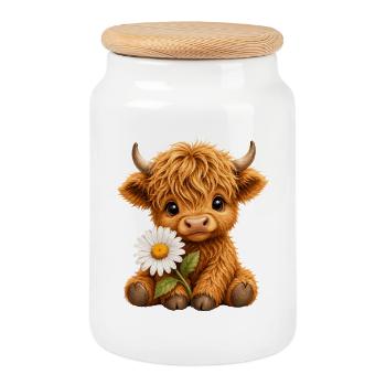 Hochlandkuh Hochlandrind Highland Cow, Margerite - Keksdose mit Holzdeckel - Weiß - Vorne