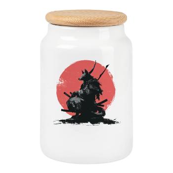Wolf Samurai on Red Sun - Cookie Jar with Wooden Lid - white - Front