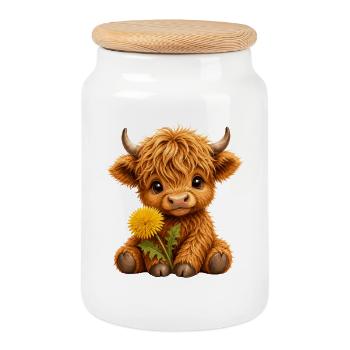 Hochlandrind Hochlandkuh Highland Cow, Löwenzahn - Keksdose mit Holzdeckel - Weiß - Vorne