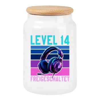 14. Geburtstag Junge Mädchen Gaming Level 14 Jahre - Keksdose mit Holzdeckel - Weiß - Vorne